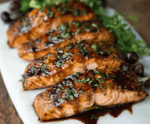 Delicious baked salmon topped with a shiny balsamic glaze and fresh herbs, served on a white plate with lemon wedges