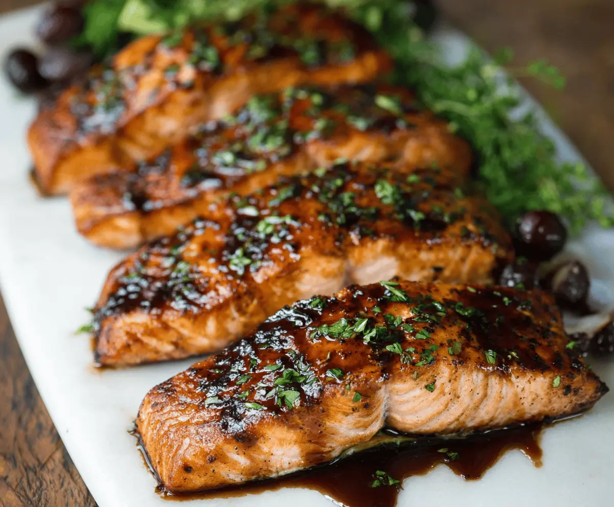 Delicious baked salmon topped with a shiny balsamic glaze and fresh herbs, served on a white plate with lemon wedges