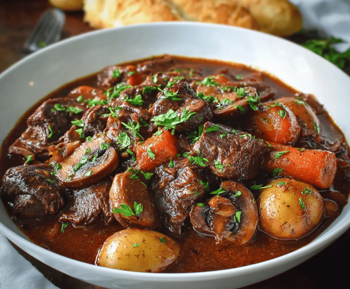 Hearty beef stew with tender beef chunks and savory mushrooms in a rich broth served in a bowl.