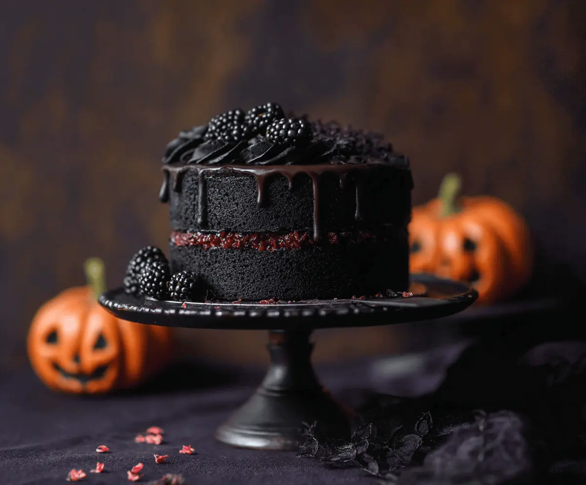 Delicious Black Velvet Halloween Cake topped with spooky decorations and vibrant orange frosting, perfect for Halloween celebrations