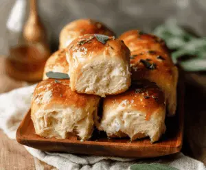 Golden brown dinner rolls topped with crispy sage leaves and drizzled with brown butter for a flavorful, comforting side dish.