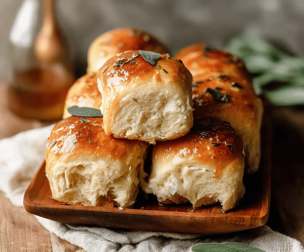Golden brown dinner rolls topped with crispy sage leaves and drizzled with brown butter for a flavorful, comforting side dish.