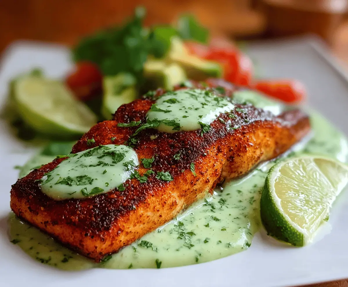 Delicious Cajun salmon fillet topped with fresh avocado lime sauce, served on a white plate with lemon wedges and greens.