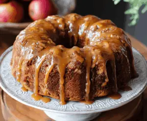 Delicious Caramel Apple Bundt Cake topped with caramel sauce and apple slices, perfect for fall desserts.