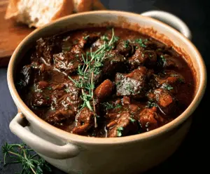 A delicious bowl of traditional Carbonnade Flamande featuring tender beef stew simmered in rich beer gravy with onions and herbs, served in a rustic dish.
