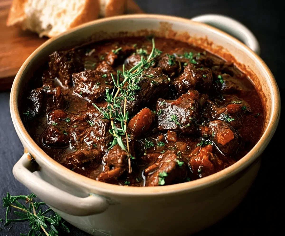 A delicious bowl of traditional Carbonnade Flamande featuring tender beef stew simmered in rich beer gravy with onions and herbs, served in a rustic dish.