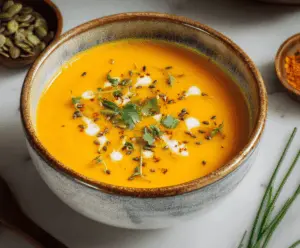 Creamy carrot ginger soup served in a bowl garnished with fresh herbs and a drizzle of cream, perfect for a warm, healthy meal.