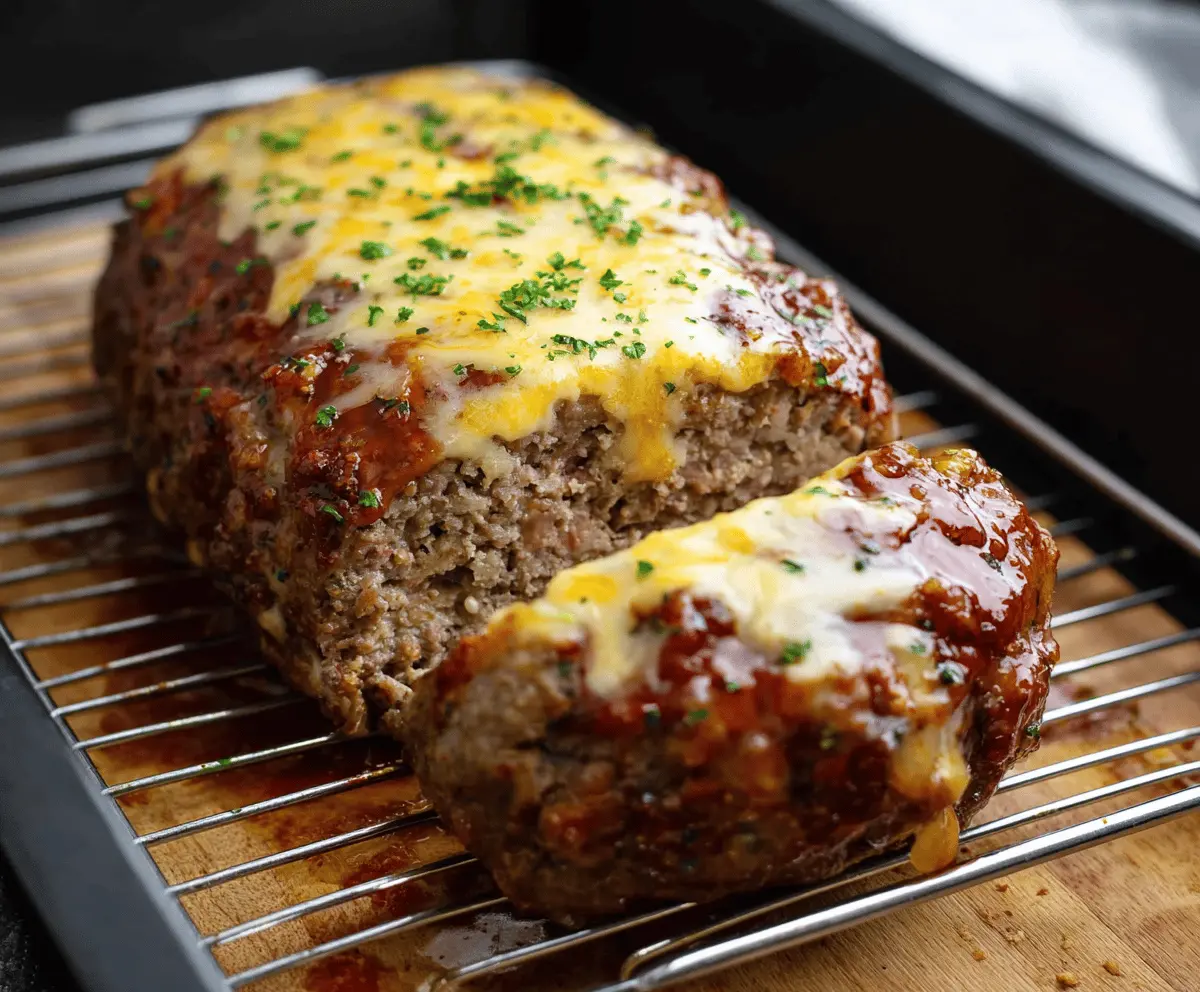 Juicy cheddar-stuffed meatloaf fresh out of the oven, garnished with herbs and sliced to reveal melted cheese center