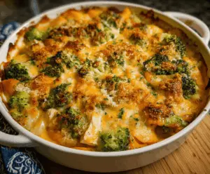 Delicious cheesy chicken sweet potato broccoli casserole topped with melted cheese, ready to serve.