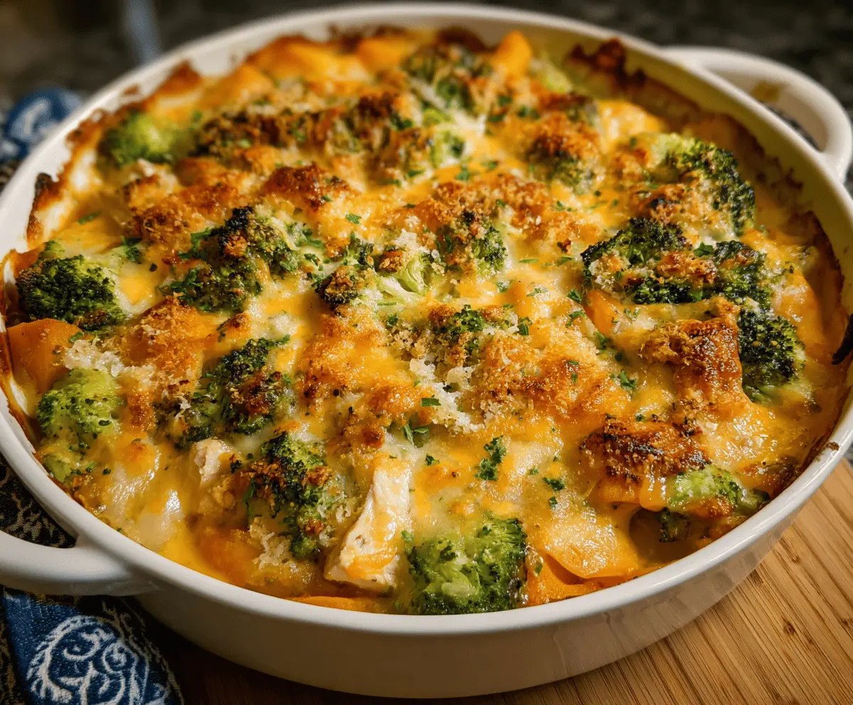 Delicious cheesy chicken sweet potato broccoli casserole topped with melted cheese, ready to serve.