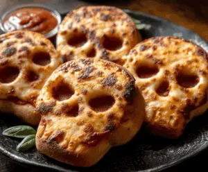 Delicious Halloween-themed pizza skulls topped with melted cheese and festive toppings, perfect for a spooky party appetizer.