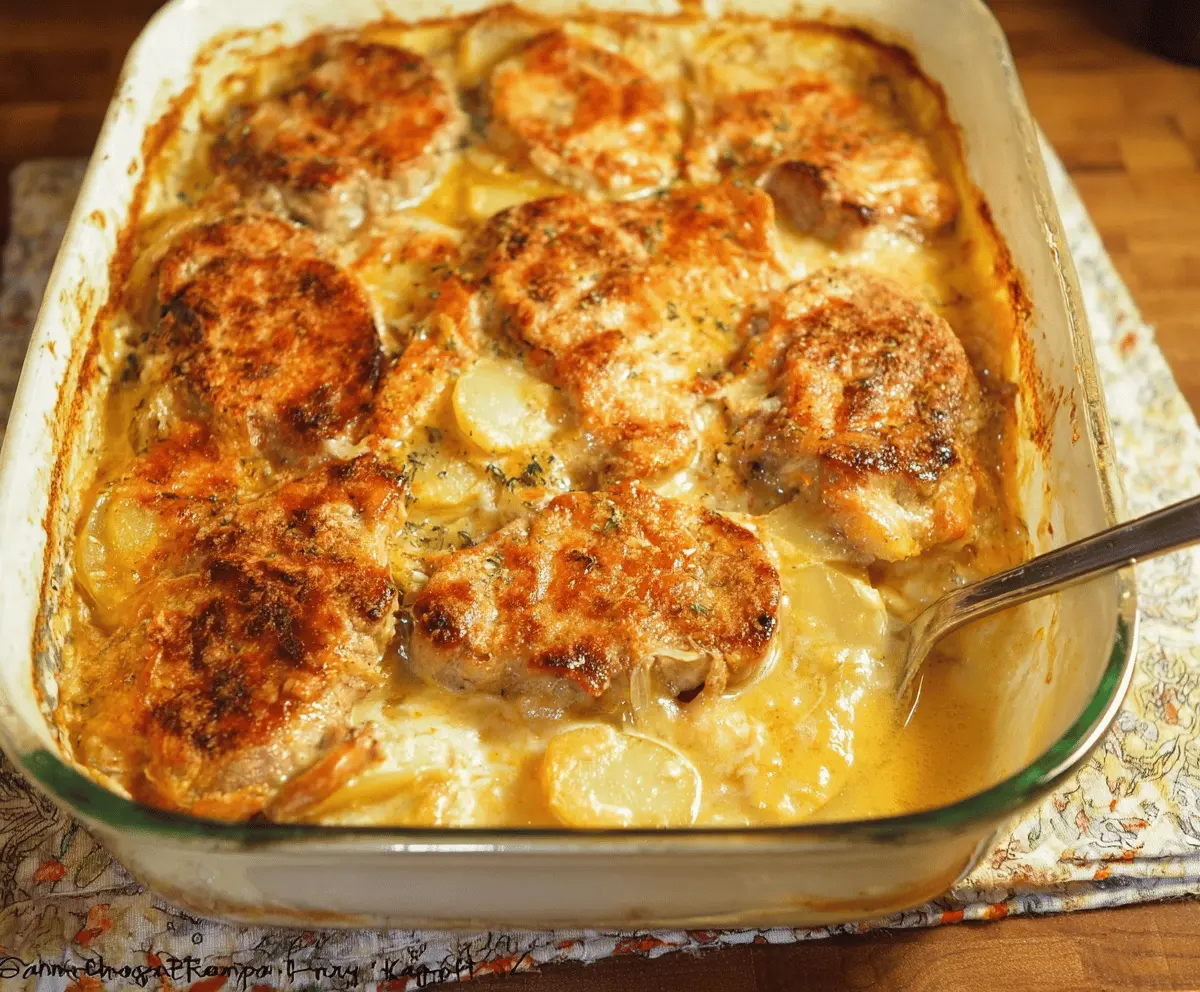 Creamy cheesy pork chop potato casserole topped with melted cheese and crispy bacon, ready to serve.