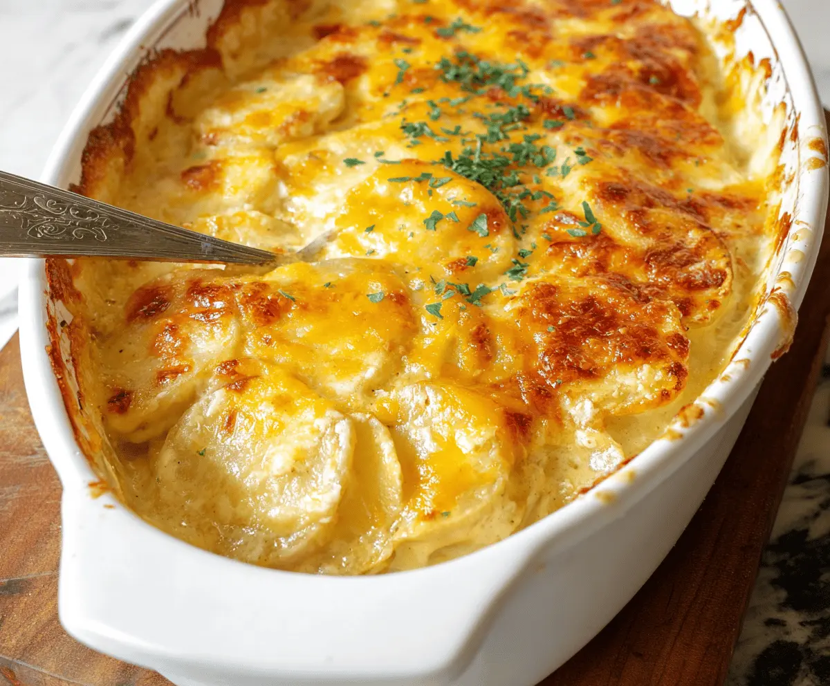 Creamy cheesy scalloped potatoes baked to perfection, topped with melted cheese and golden crust.