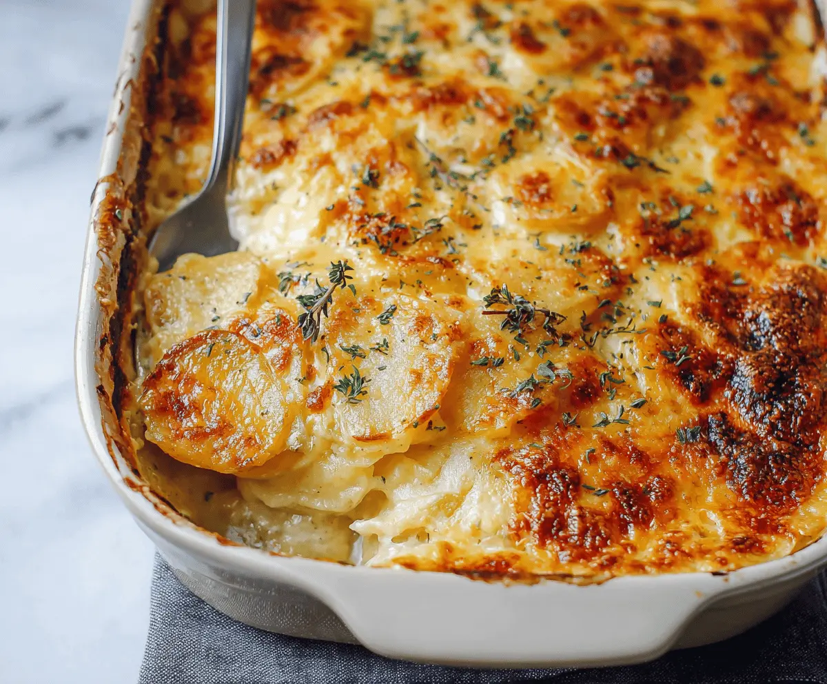Delicious cheesy scalloped potatoes baked to golden perfection with creamy layers of sliced potatoes and melted cheese