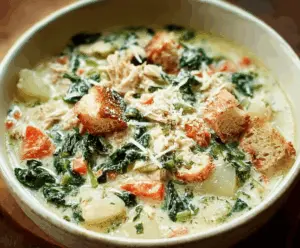 Creamy Chicken Florentine Soup in a bowl with spinach, shredded chicken, and herbs, garnished with fresh basil