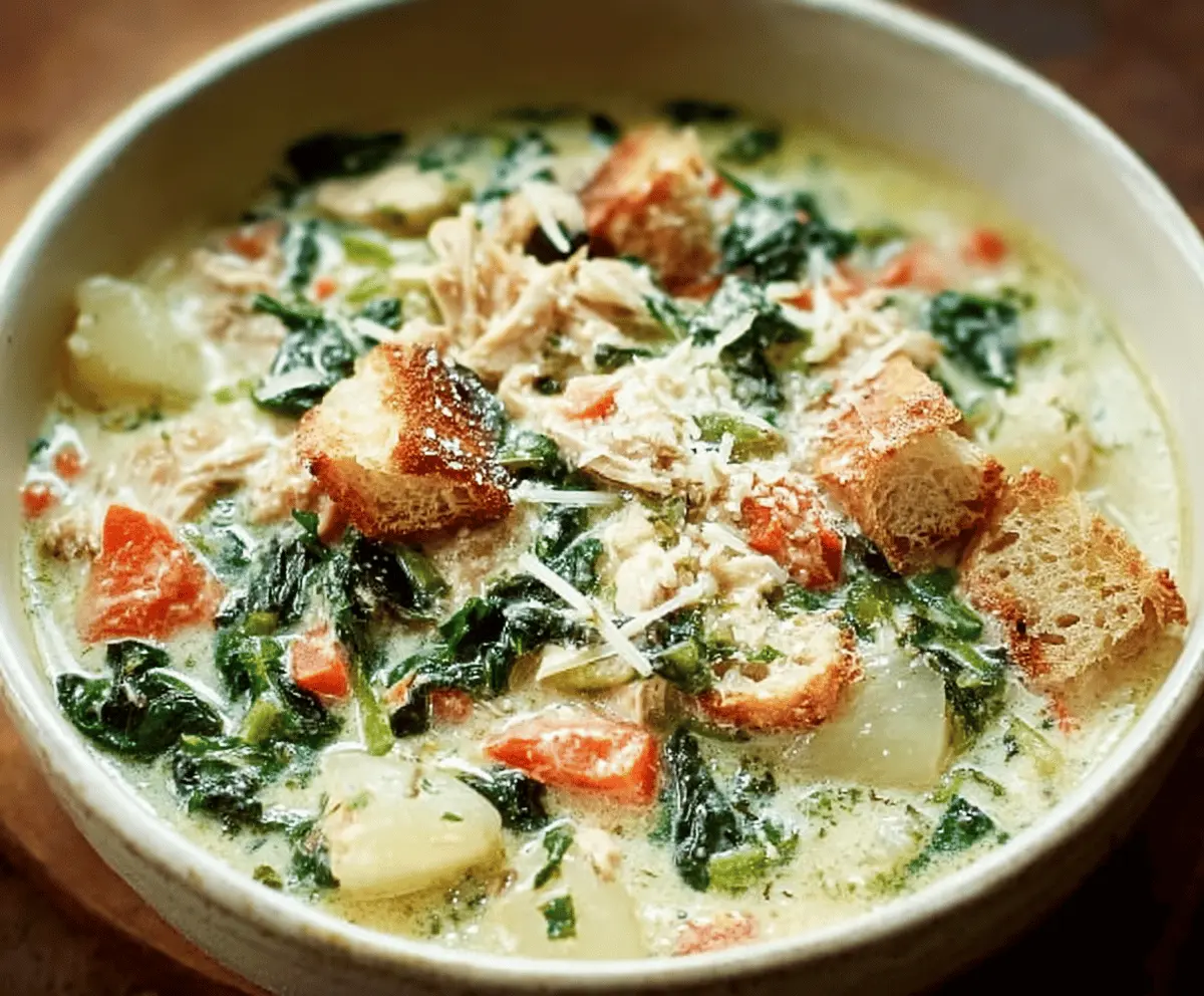 Creamy Chicken Florentine Soup in a bowl with spinach, shredded chicken, and herbs, garnished with fresh basil
