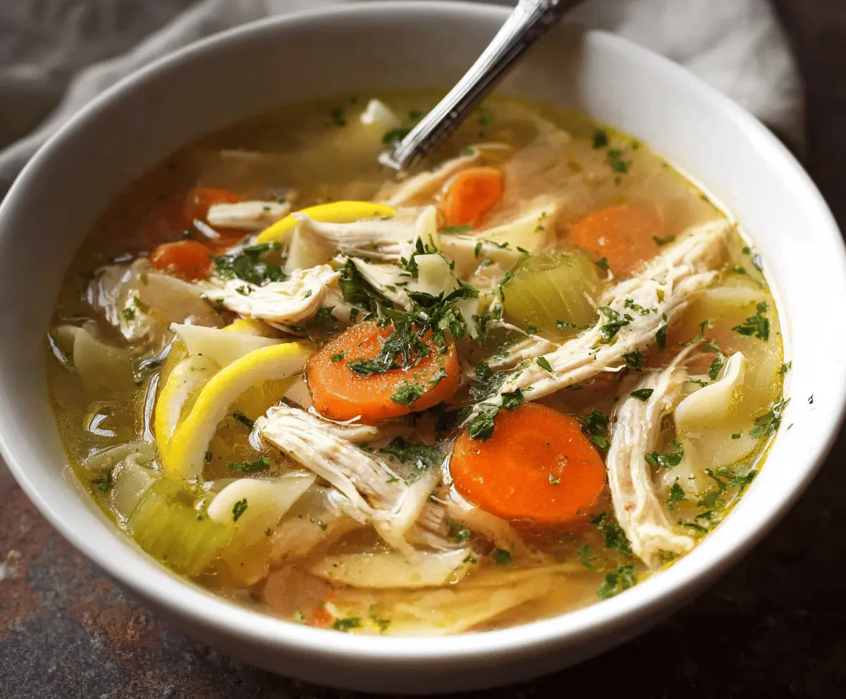A steaming bowl of homemade chicken soup with tender chicken pieces, fresh vegetables, and herbs, served in a white bowl on a rustic wooden table.