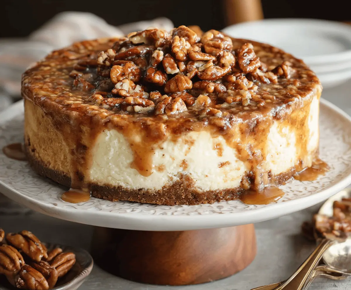 Creamy Cinnamon Pecan Pie Cheesecake topped with toasted pecans and cinnamon, served on a decorative plate for a delicious dessert presentation.