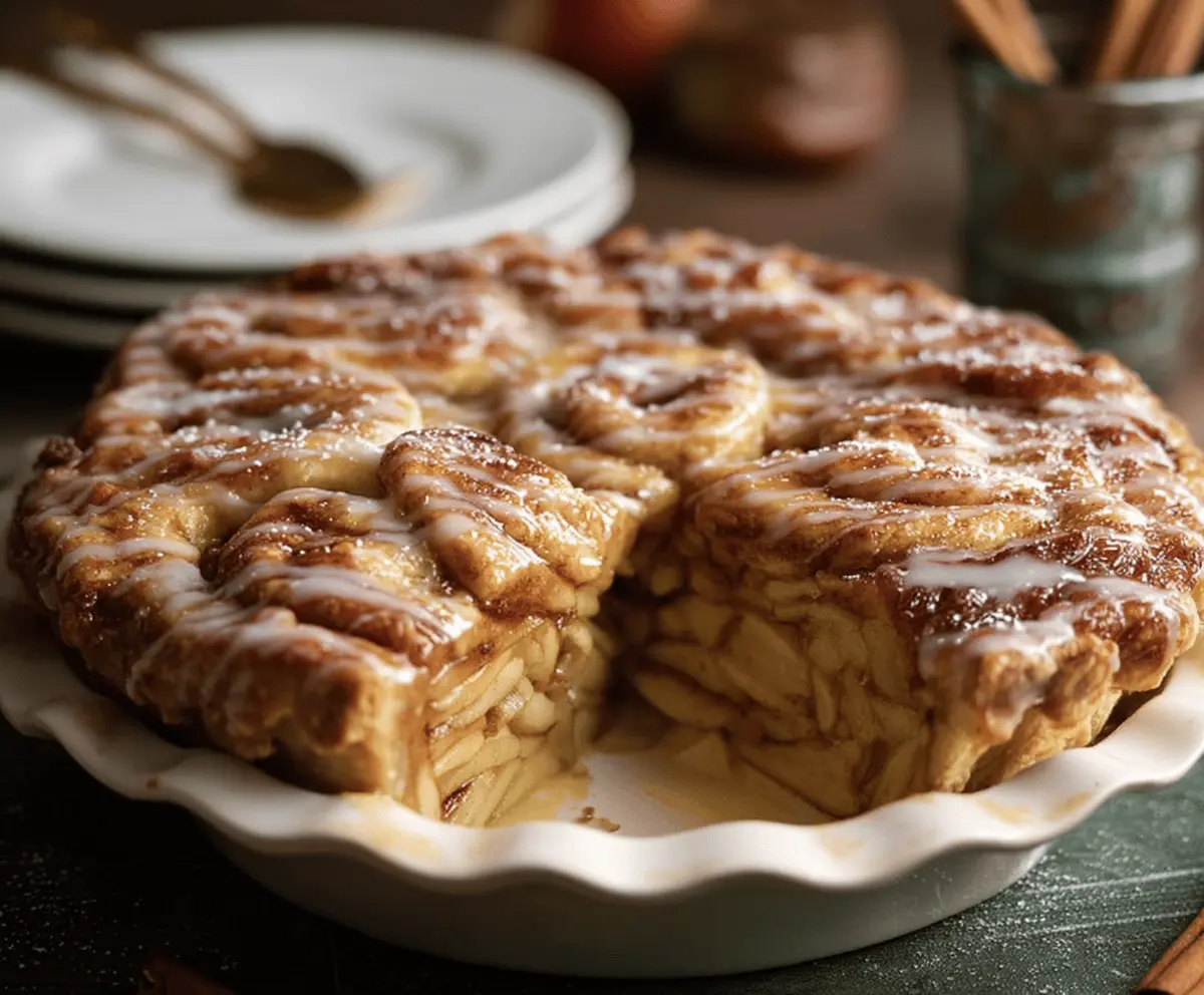Delicious Cinnamon Roll Apple Pie with golden crust and sweet cinnamon filling