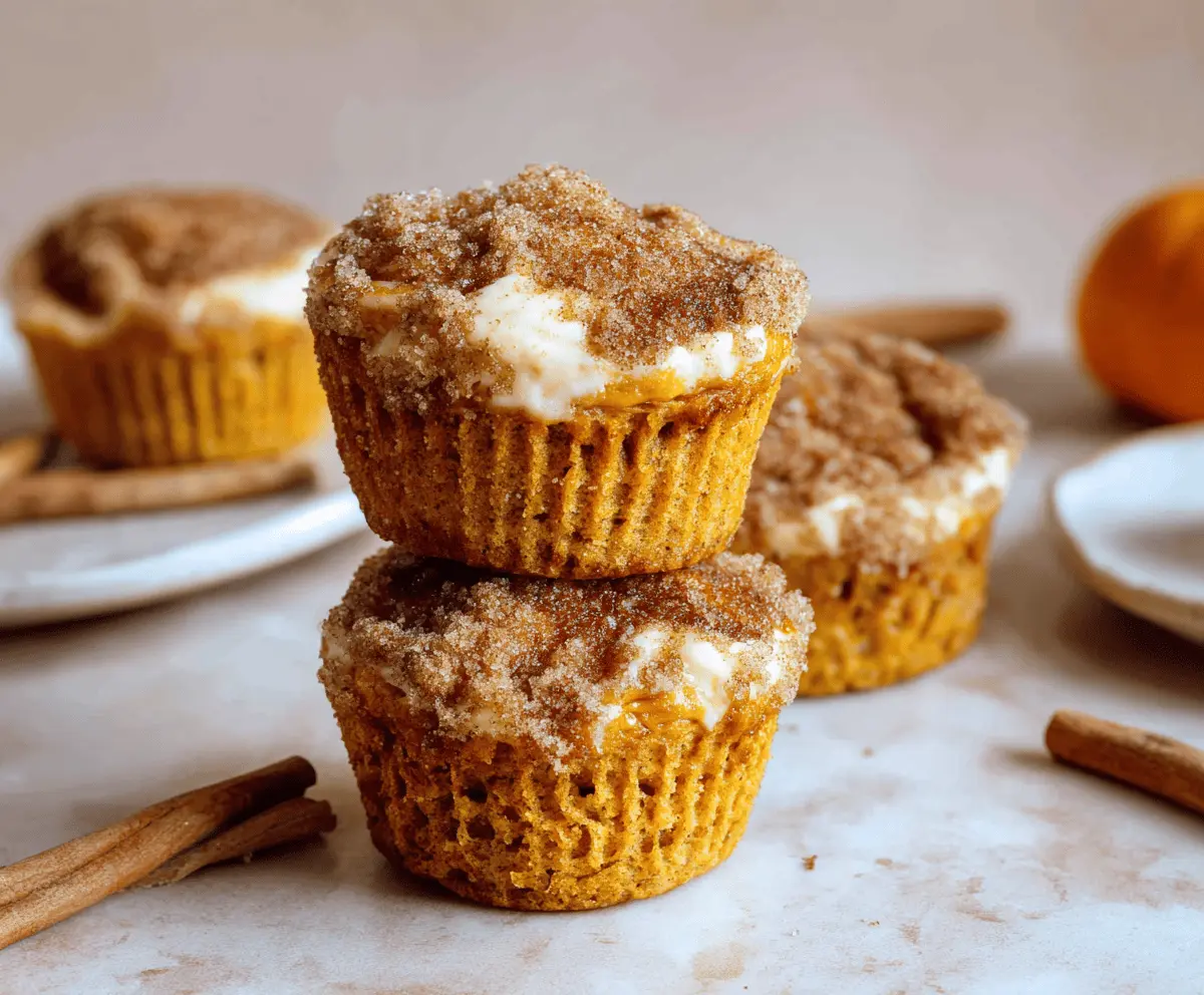 Delicious Cinnamon Sugar Pumpkin Cheesecake Muffins topped with cinnamon sugar crust and creamy pumpkin filling, perfect for fall desserts