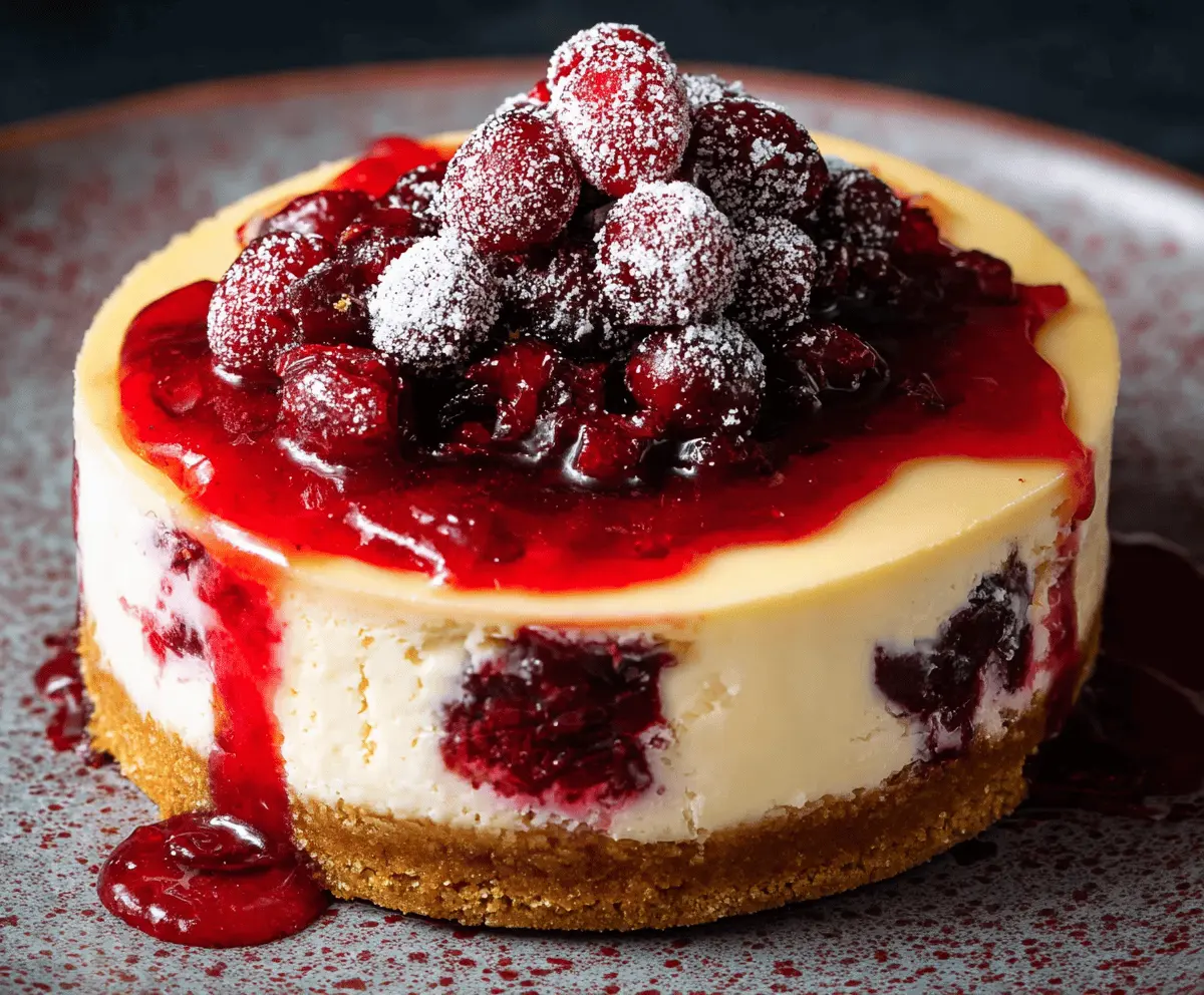 Creamy cranberry cheesecake topped with fresh cranberries and a graham cracker crust, perfect for holiday desserts.