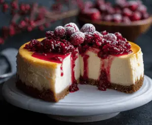 Delicious cranberry orange cheesecake with a graham cracker crust, topped with fresh cranberries and orange zest, perfect for holiday desserts.