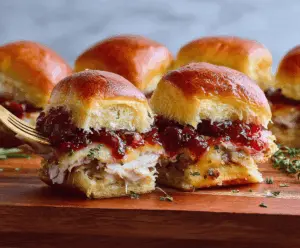 Delicious cranberry turkey sliders with fresh lettuce and melted cheese on mini buns, perfect for a holiday appetizer or party snack.