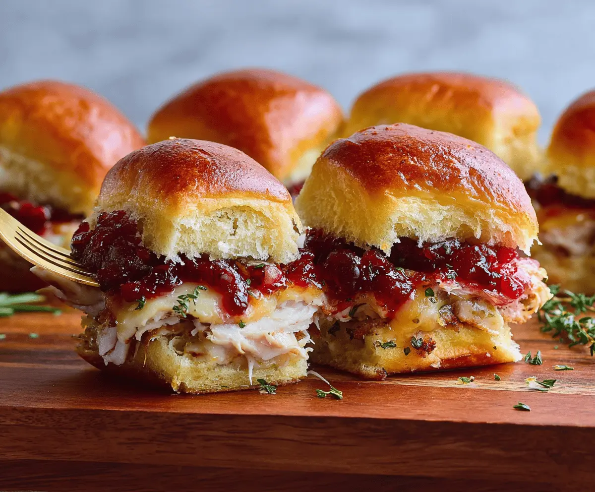 Delicious cranberry turkey sliders with fresh lettuce and melted cheese on mini buns, perfect for a holiday appetizer or party snack.