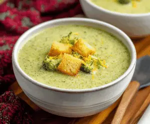 Cream of Broccoli Soup in a bowl garnished with fresh herbs, served with crusty bread on a rustic wooden table