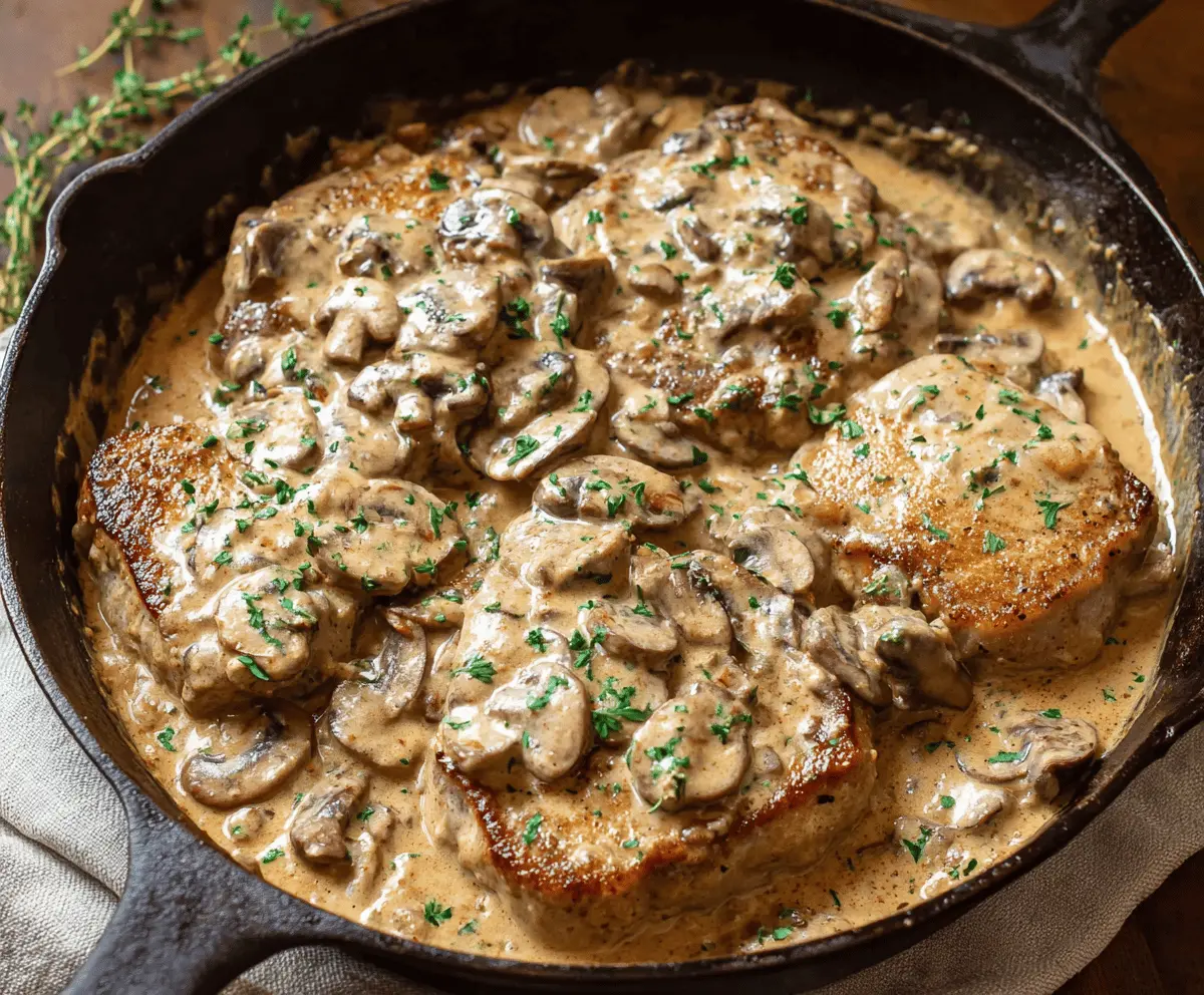 Cream of Mushroom Pork Chops served with mashed potatoes and fresh herbs on a white plate