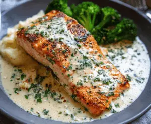 Delicious creamy garlic butter salmon served on a plate garnished with fresh herbs