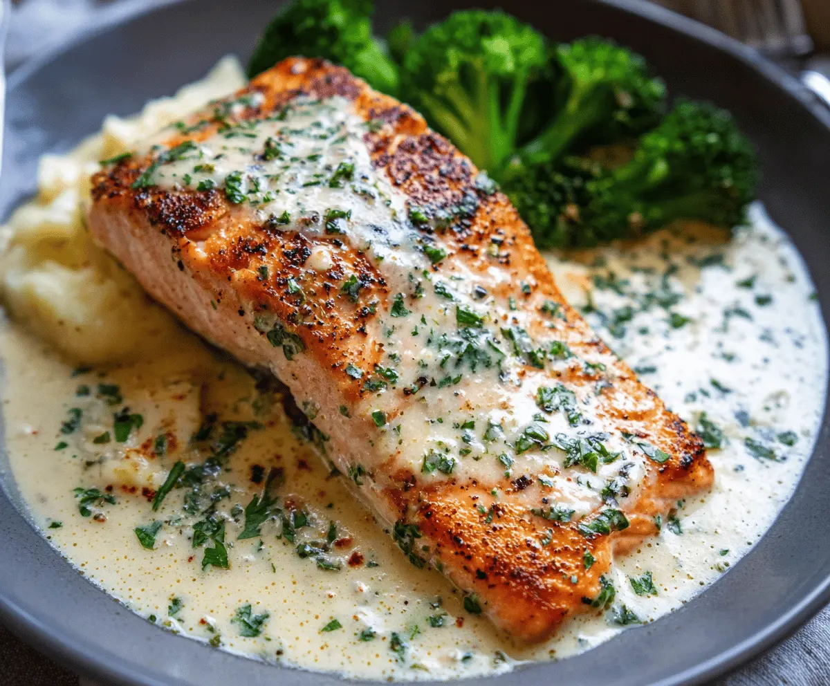 Delicious creamy garlic butter salmon served on a plate garnished with fresh herbs