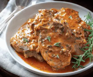 Juicy tender crockpot pork chops cooked with herbs and vegetables in a slow cooker, perfect for a flavorful family dinner
