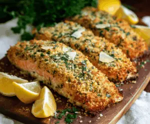 Delicious crusty salmon topped with parmesan and fresh herbs on a rustic dish.