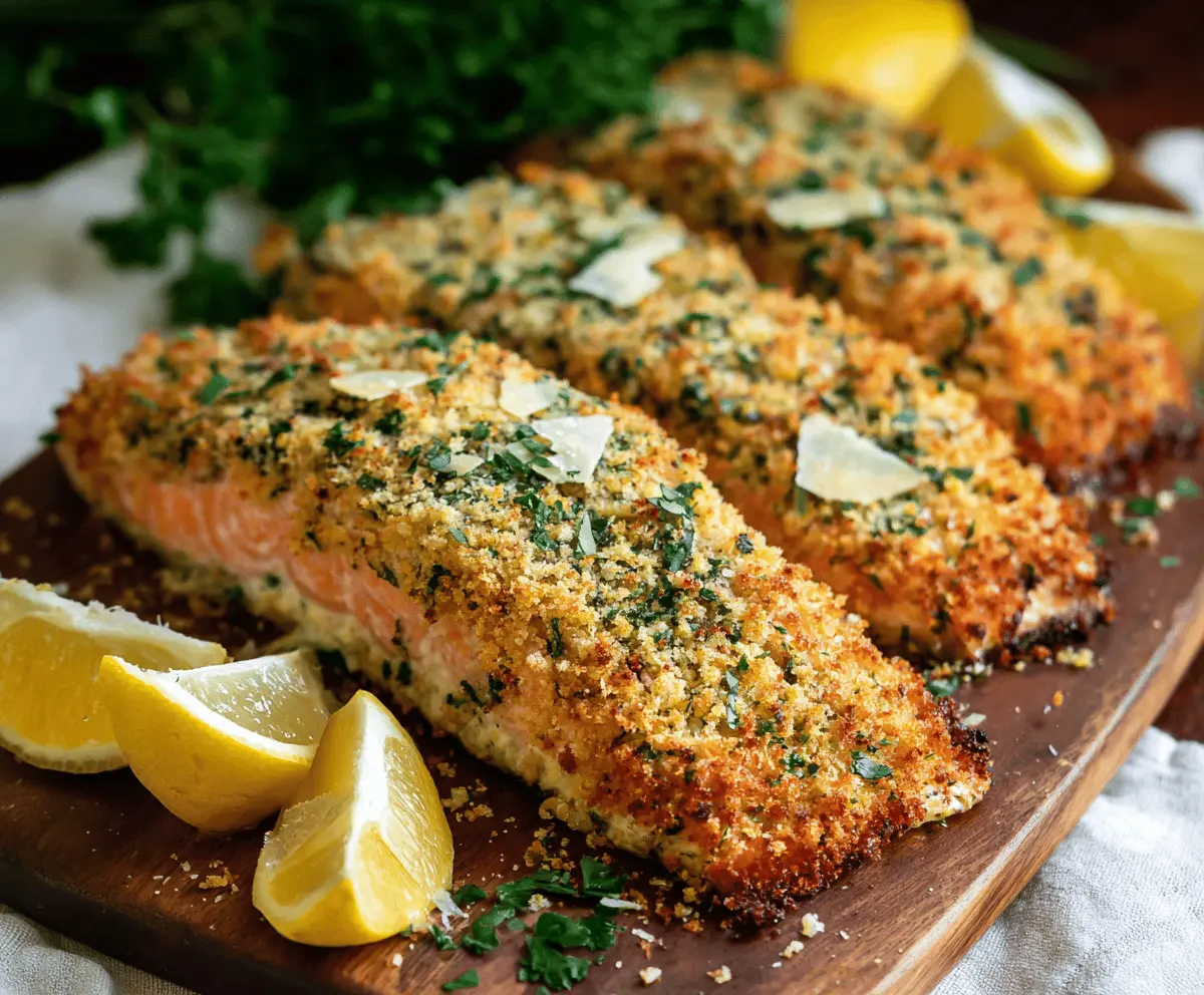 Delicious crusty salmon topped with parmesan and fresh herbs on a rustic dish.