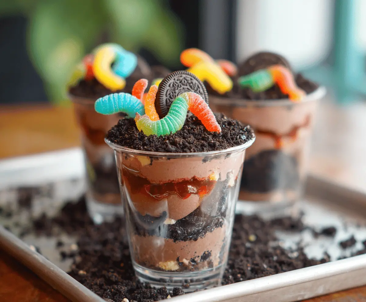 Delicious dirt cups dessert topped with gummy worms and chocolate cookie crumbs, perfect for kids' parties and Halloween treats.
