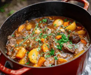 Hearty Dutch Oven Beef Stew with tender beef chunks, fresh vegetables, and savory broth served in a rustic pot.