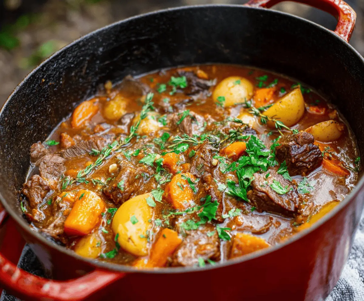 Hearty Dutch Oven Beef Stew with tender beef chunks, fresh vegetables, and savory broth served in a rustic pot.