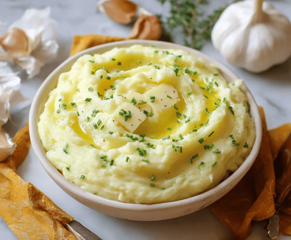 Creamy garlic mashed potatoes served as a delicious side dish for dinner.