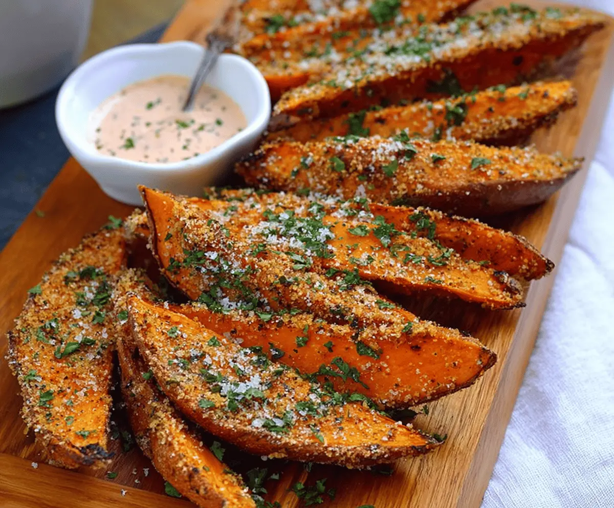 Delicious garlic Parmesan sweet potato wedges on a white plate, seasoned with herbs and cheese, ready to serve as a flavorful snack or side dish.