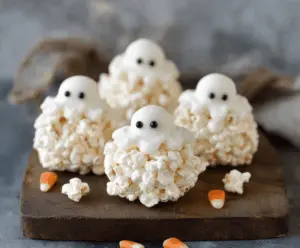 Delicious ghost-shaped popcorn balls with white coating and spooky ghost faces, perfect for Halloween treats