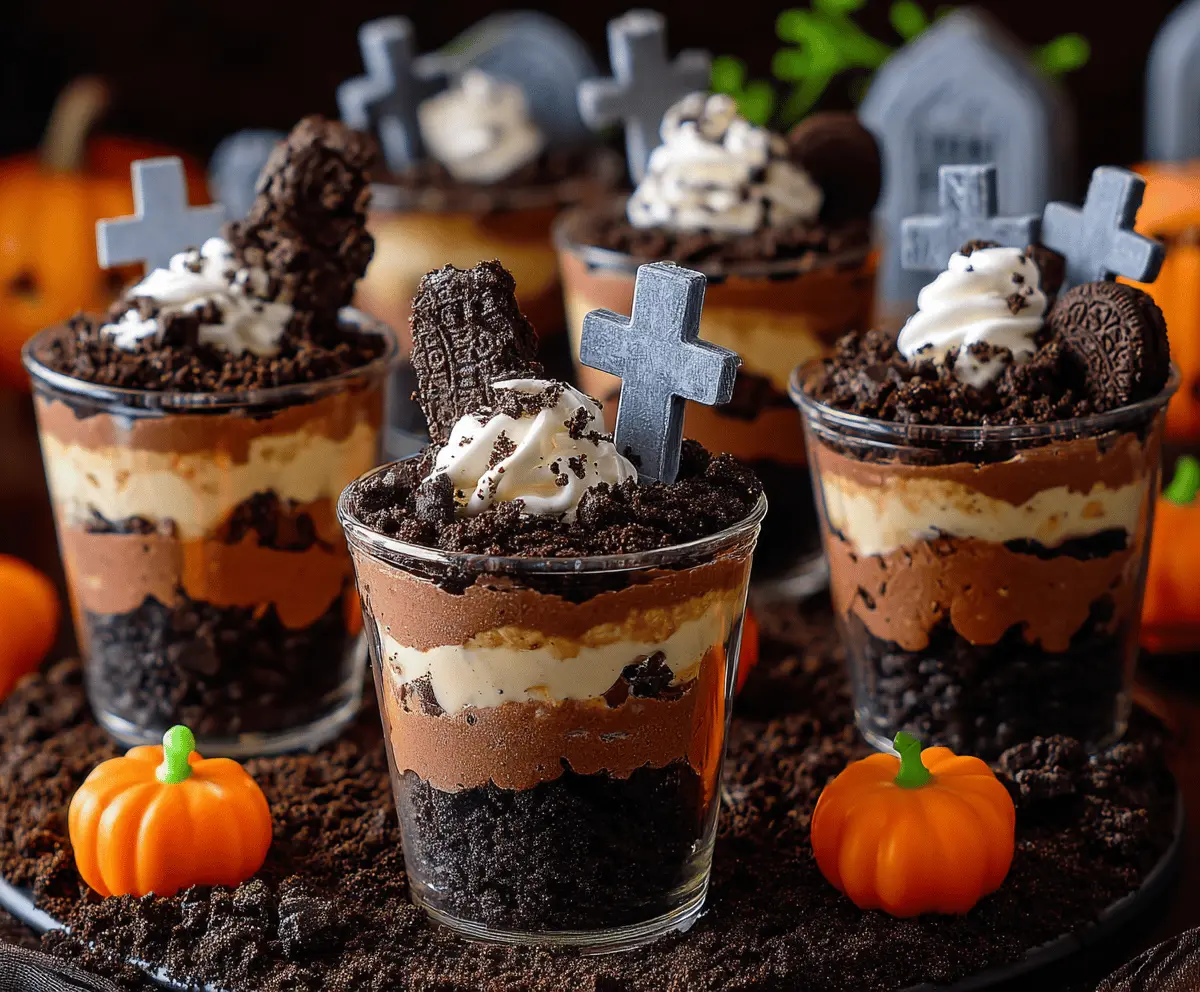 A spooky Halloween-themed dessert featuring chocolate pudding layered with crushed cookies and gummy worms, labeled as Graveyard Dirt Cups, perfect for Halloween parties.