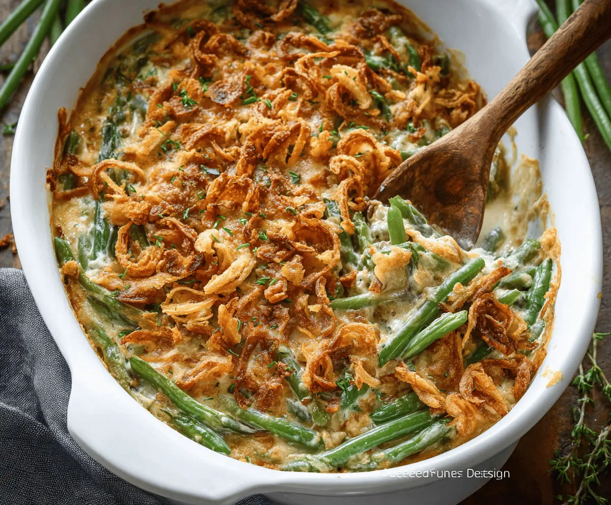 Delicious green bean casserole topped with crispy fried onions, served in a baking dish for a classic holiday side dish.
