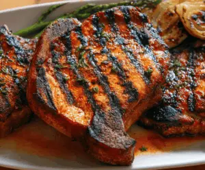 Juicy grilled pork chops with grill marks served on a plate, perfect for a flavorful summer meal