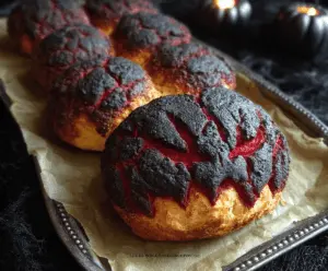 Spooky Halloween Brimstone Bread with fiery orange and black swirling icing, perfect for a festive spooky celebration