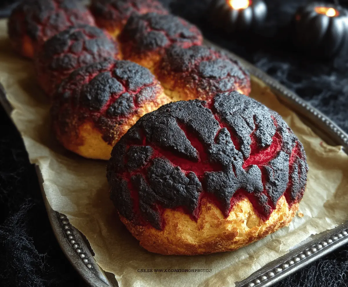 Spooky Halloween Brimstone Bread with fiery orange and black swirling icing, perfect for a festive spooky celebration