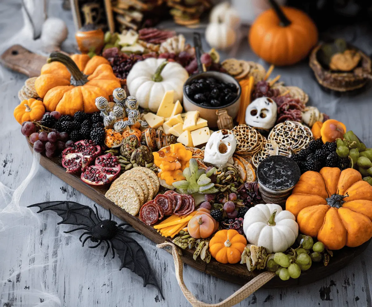 Colorful Halloween charcuterie board with spooky-themed cheeses, meats, fruits, and festive decorations for a fun holiday appetizer display