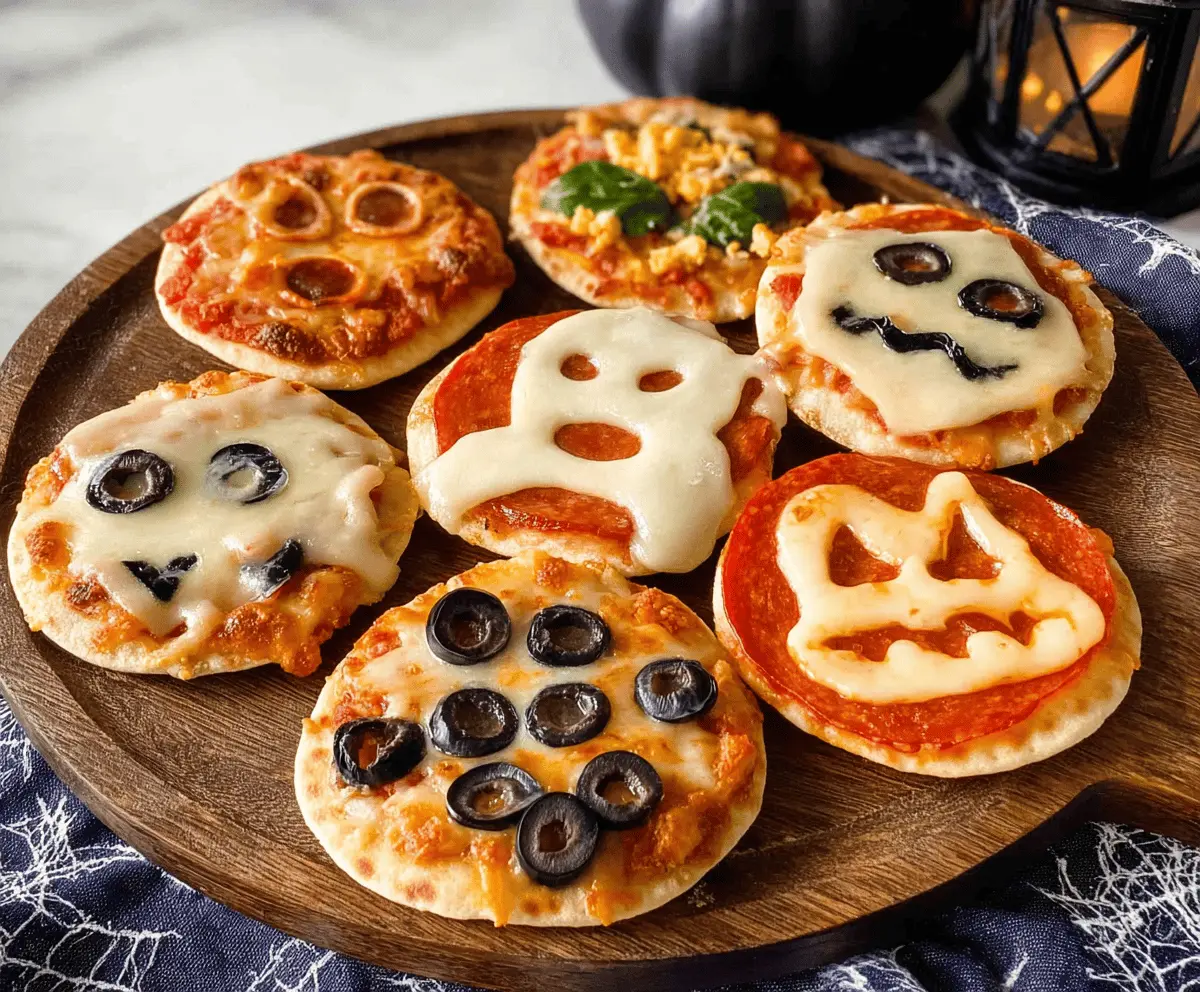 Cute Halloween mini pizzas with spooky toppings on a festive plate, perfect for Halloween parties.