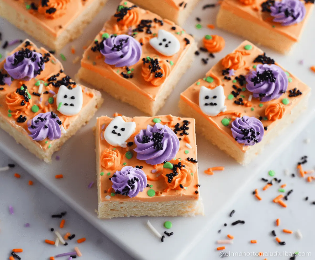 Colorful Halloween Sugar Cookie Bars topped with festive icing and spooky decorations for a delicious holiday treat
