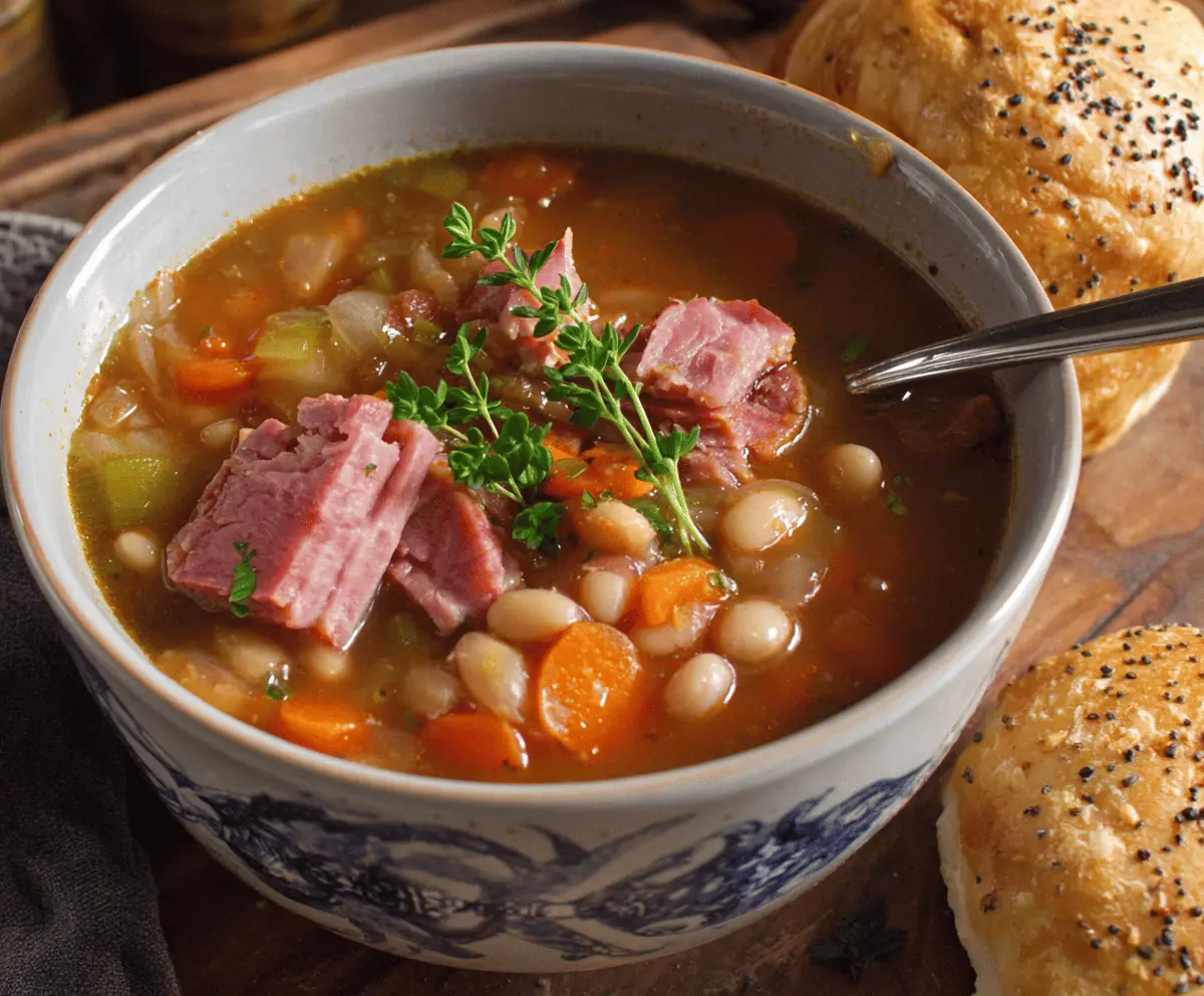 A steaming bowl of ham and bean soup garnished with fresh herbs, featuring tender beans, diced ham, and vegetables in a hearty broth.